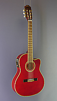 red classical guitar with pickup, solid spruce top, cutaway